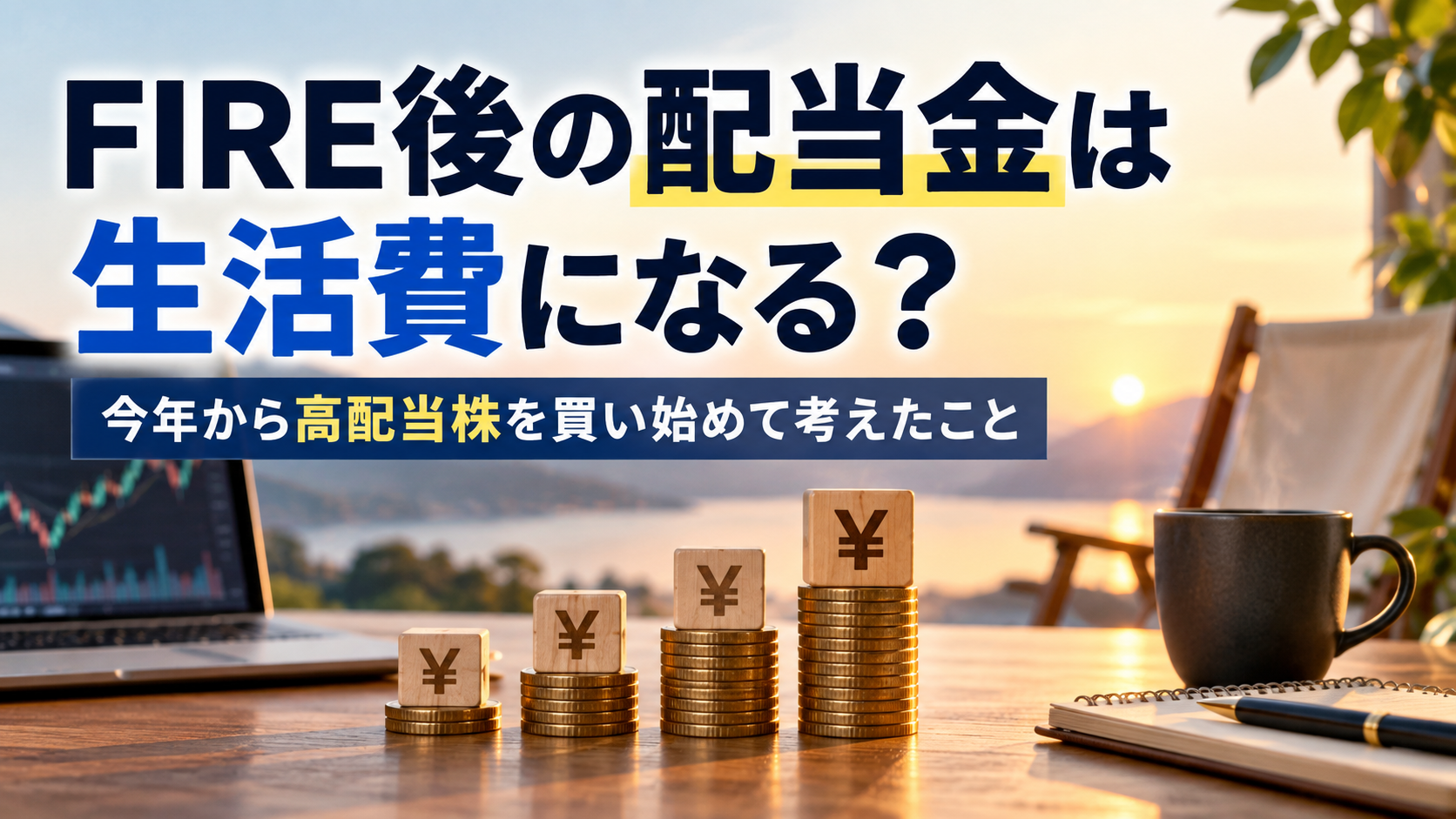 FIRE後の配当金と生活費をイメージした、積み上がるコインと投資チャート